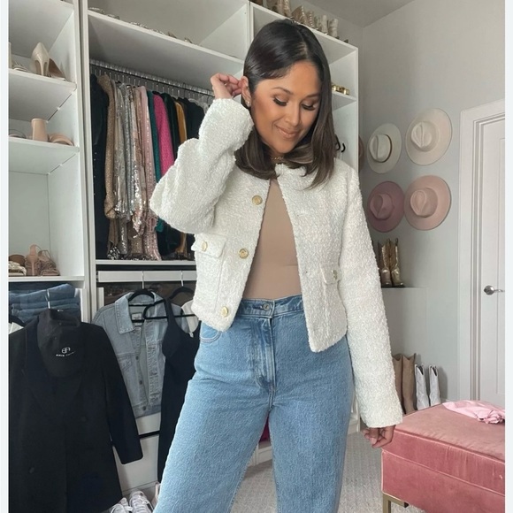 ABERCROMBIE & FITCH | COLLARLESS CROPPED TWEED JACKET IN WHITE LARGE - Picture 12 of 13